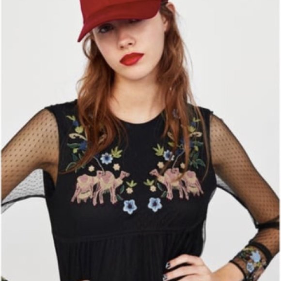 ZARA Plumetis Floral Camel Embroidered Black Mesh Mini Dress size M - Picture 10 of 12